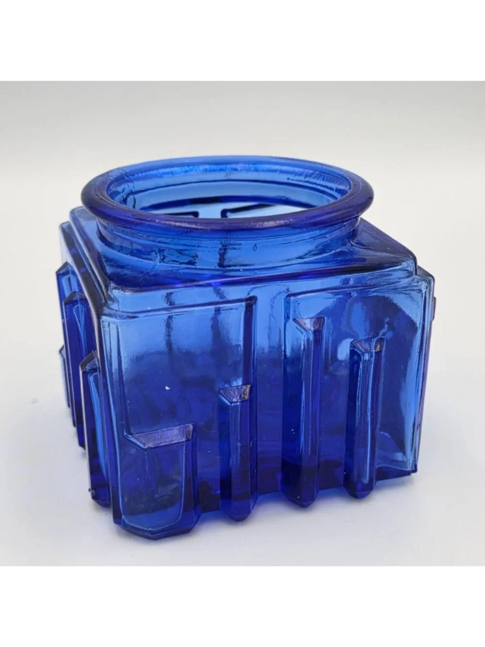Cobalt Blue Art Deco Square Glass Vanity Powder Jar Textured No Lid 3.25